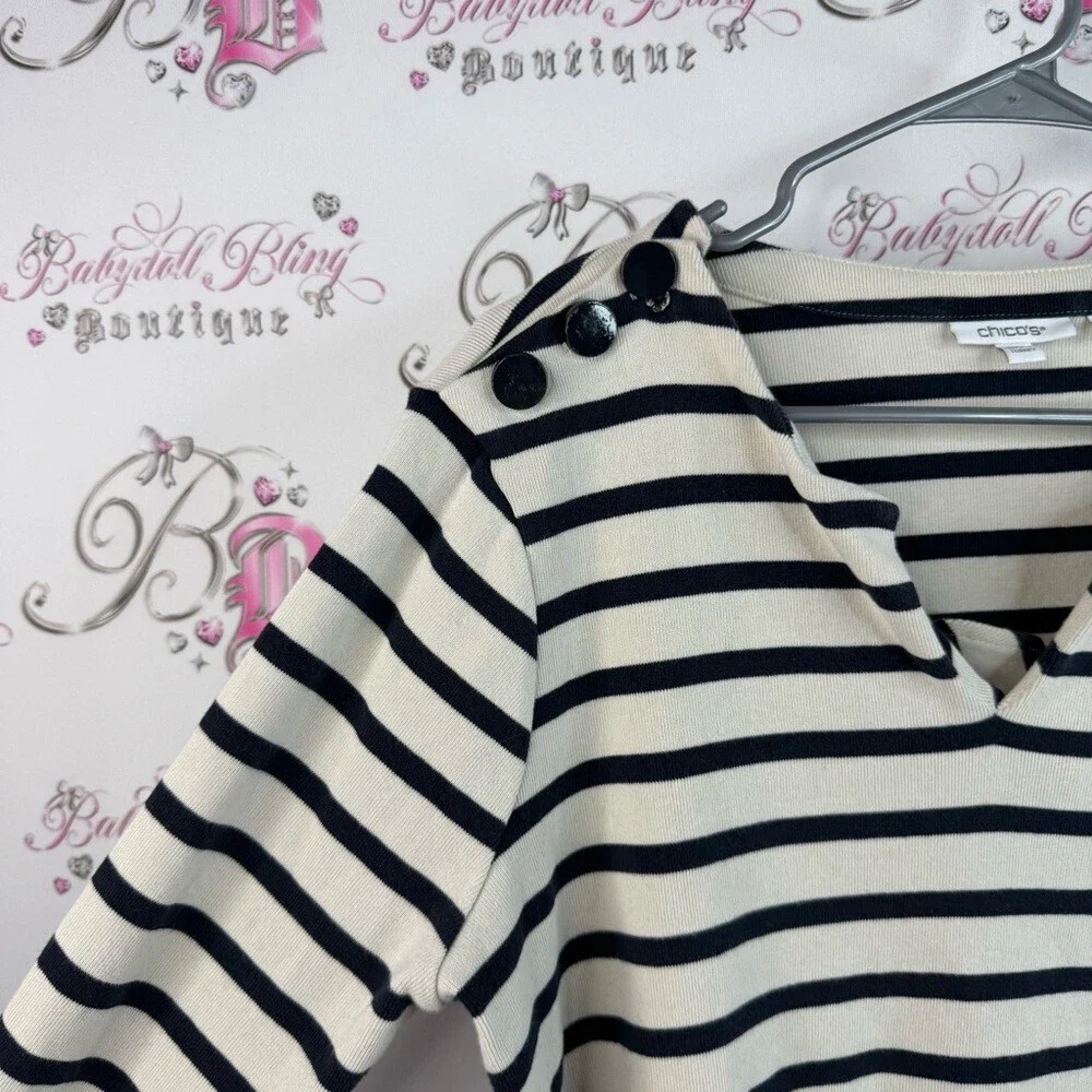 Chico's pull over shirt buttons, navy Black and White Striped Long Sleeve Top